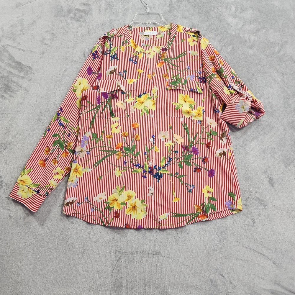Calvin Klein Shirt Womens L Multicolor Floral Red Striped Roll Tab Sleeve Preppy
